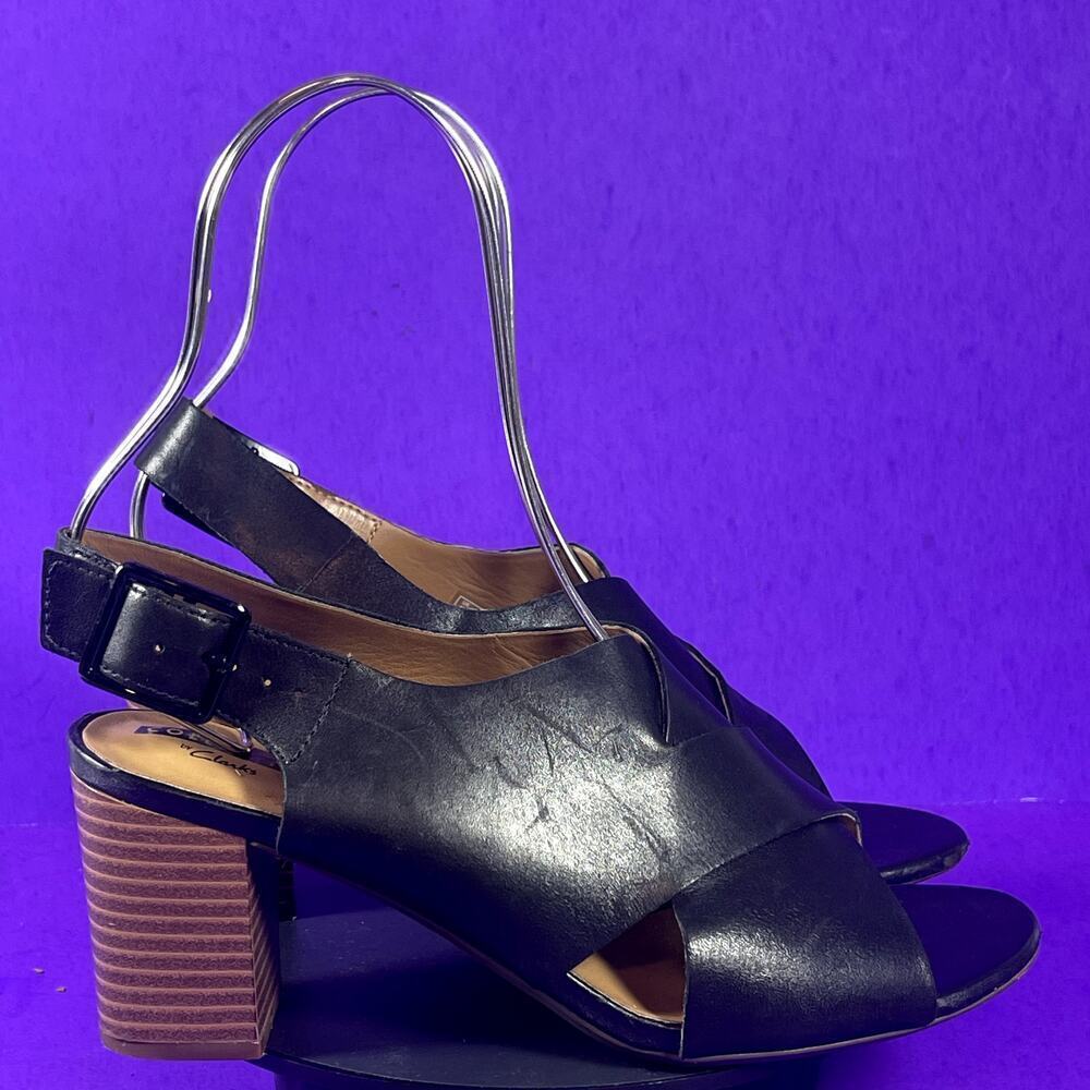 Clarks Black Leather Slingback Sandals with Stacked Brown Heel